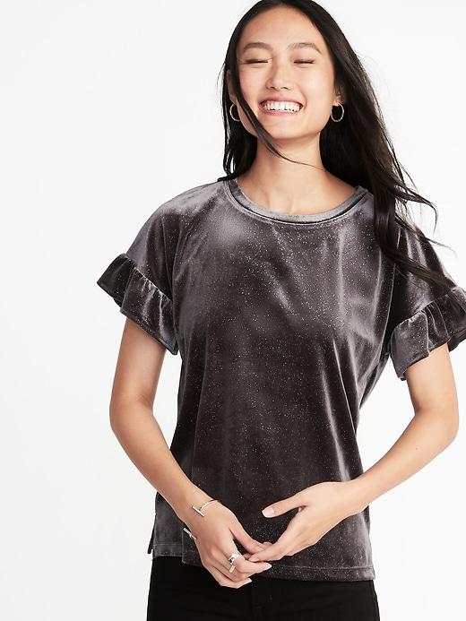 Old Navy Womens Glitter-velvet Ruffle-sleeve Top For Women Charcoal Size Xl
