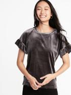 Old Navy Womens Glitter-velvet Ruffle-sleeve Top For Women Charcoal Size Xl