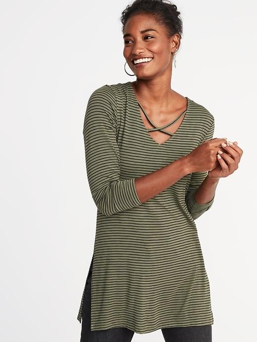 Old Navy Womens Relaxed Lace-up Luxe Tunic Tee For Women Olive Stripe Size S