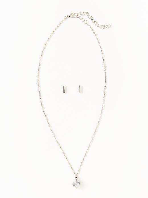 Old Navy Crystal Pendant Necklace & Stud Earrings For Women - Silver