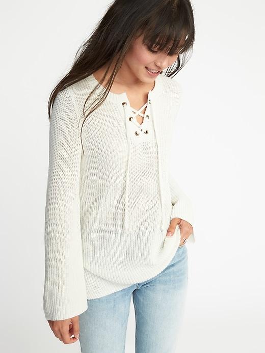 Old Navy Womens Lace-yoke Bell-sleeve Sweater For Women Calla Lilies Size L