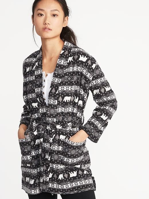 Old Navy Womens Printed Tie-belt Micro-fleece Robe For Women Black Fair Isle Size Xs/s