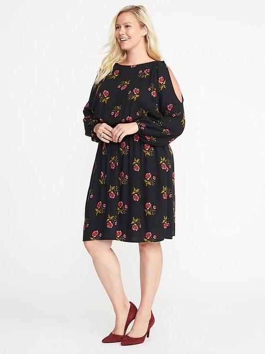 Old Navy Womens Floral Cold-shoulder Plus-size Waisted Dress Black Floral Size 3x