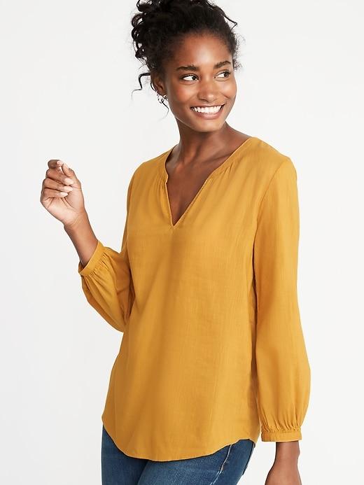 Slub-weave Split-neck Blouse For Women