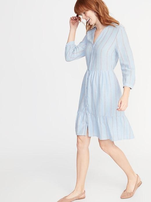 Waist-defined Striped Shirt Dress For Women