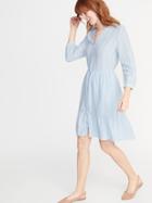 Waist-defined Striped Shirt Dress For Women