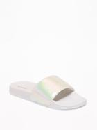 Old Navy Womens Metallic Faux-leather Pool Slide Sandals For Women White Combo Size 8/9
