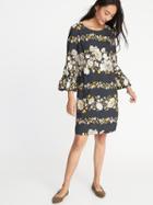 Old Navy Womens Floral-print 3/4-sleeve Shift Dress For Women Charcoal Floral Size M