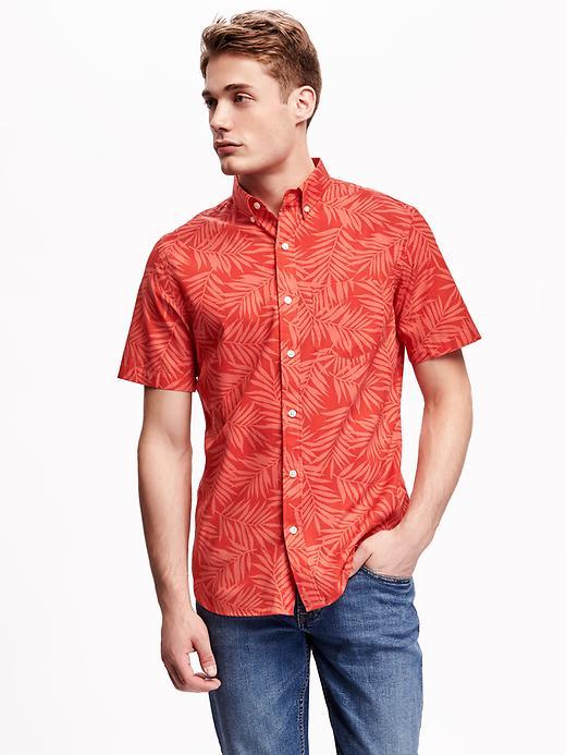 Old Navy Printed Slim Fit Poplin Shirt For Men - Bright Coral