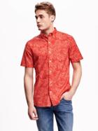 Old Navy Printed Slim Fit Poplin Shirt For Men - Bright Coral
