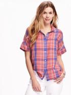 Old Navy Lightweight Dobby Shirt For Women - Happy Coral Plaid