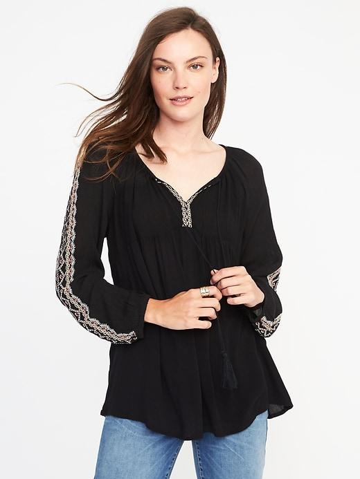 Old Navy Womens Embroidered Tassel-tie Blouse For Women Blackjack Size Xs
