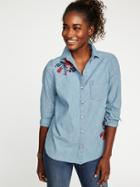Old Navy Classic Embroidered Chambray Shirt For Women - Chambray Blue Floral