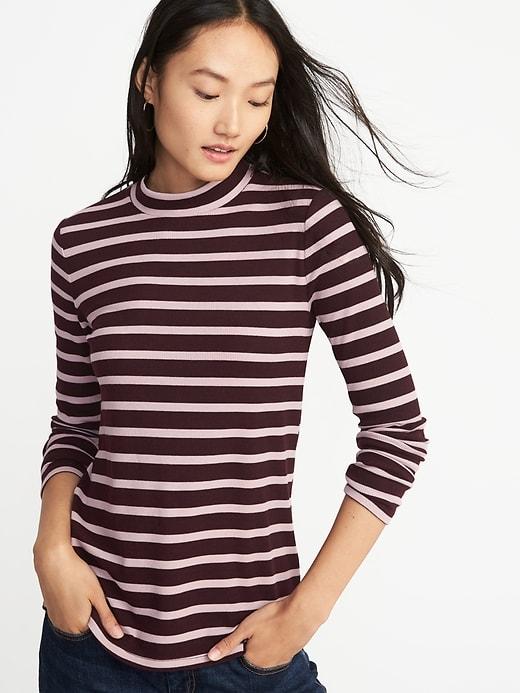 Old Navy Womens Slim-fit Rib-knit Mock-neck Tee For Women Warm Stripe Size M