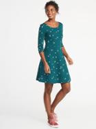 Old Navy Womens Printed 3/4-sleeve Fit & Flare Dress For Women Teal Floral Ground Size Xxl