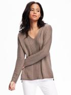 Old Navy V Neck Rib Knit Pullover For Women - Brown Heather