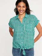 Patterned Tie-hem Linen-blend Shirt For Women