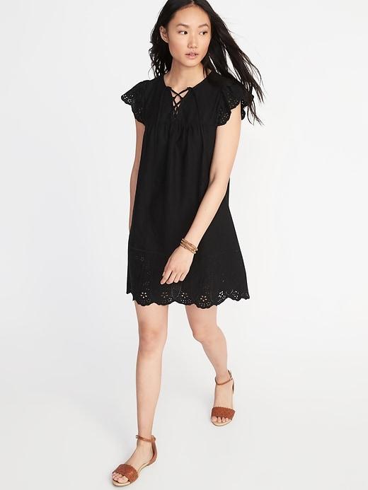 Old Navy Womens Lace-up-yoke Cutwork Swing Dress For Women Black Size Xs