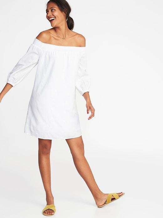 Old Navy Womens Off-the-shoulder Smocked Shift Dress For Women White Embroidered Pineapples Size S