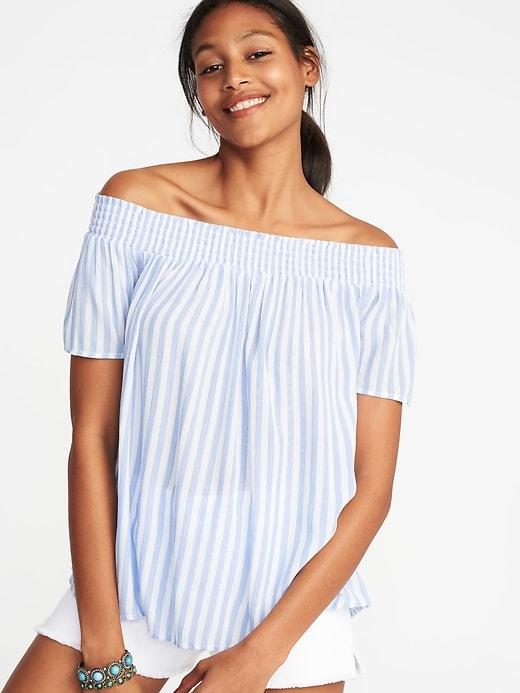 Old Navy Womens Off-the-shoulder Crinkle-gauze Swing Top For Women Blue Stripe Size L
