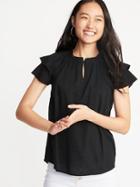 Slub-weave Tiered Flutter-sleeve Blouse For Women