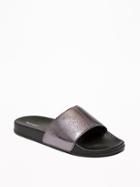 Old Navy Womens Metallic Faux-leather Pool Slide Sandals For Women Black Size 6/7