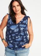 Old Navy Womens Plus-size Sleeveless Linen-blend Tie-shoulder Top Blue Scenic Size 3x