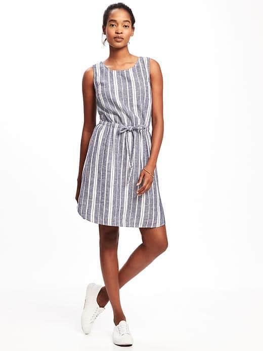 Old Navy Linen Blend Tie Waist Dress For Women - Navy Stripe