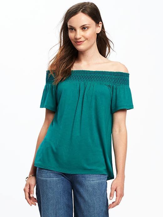 Old Navy Smocked Off The Shoulder Swing Top For Women - Emerging Emerald