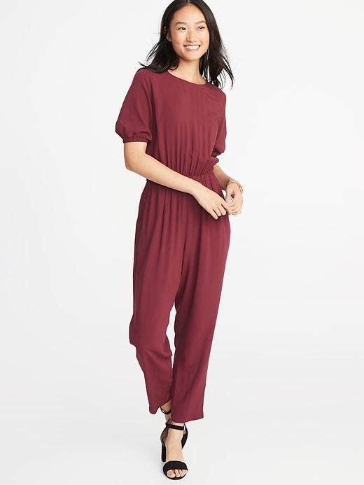 Old Navy Womens Waist-defined Balloon-sleeve Jumpsuit For Women Maroon Jive Size M