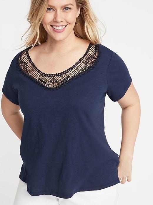 Slub-knit Crochet-lace Trim Plus-size Top