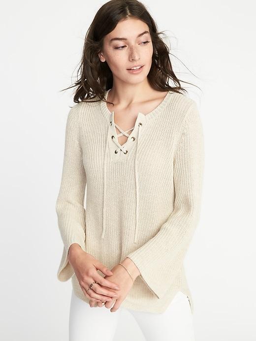 Old Navy Womens Lace-yoke Bell-sleeve Sweater For Women Chai Latte Size Xl