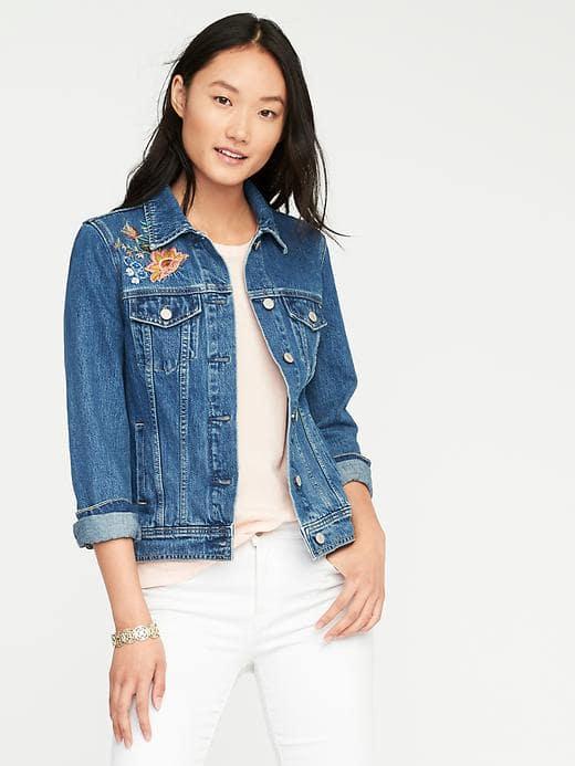 Old Navy Embroidered Flower Denim Jacket For Women - Medium Wash