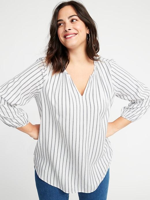 Striped Split-neck Plus-size Blouse