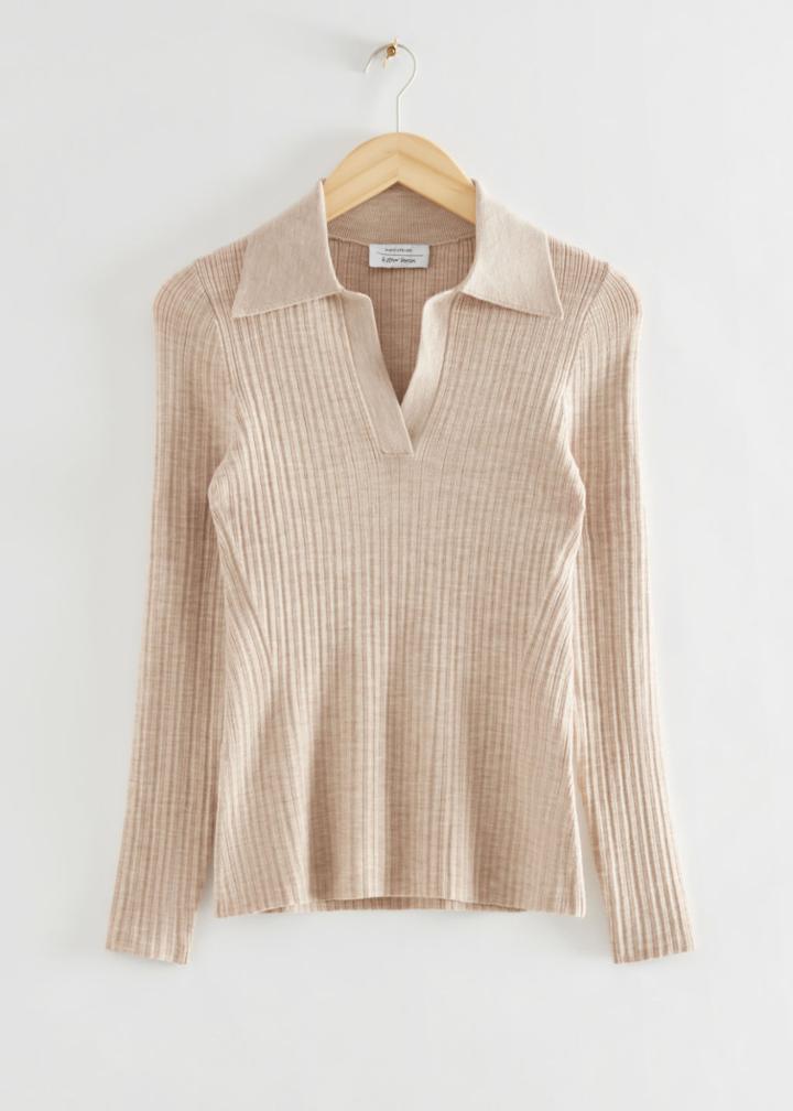 Other Stories Fitted Ribbed Polo Top - Beige