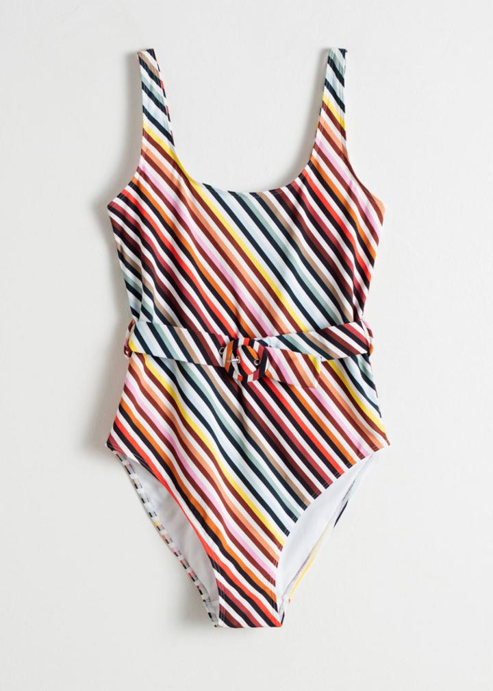 Other Stories Belted Rainbow Stripe Swimsuit - White