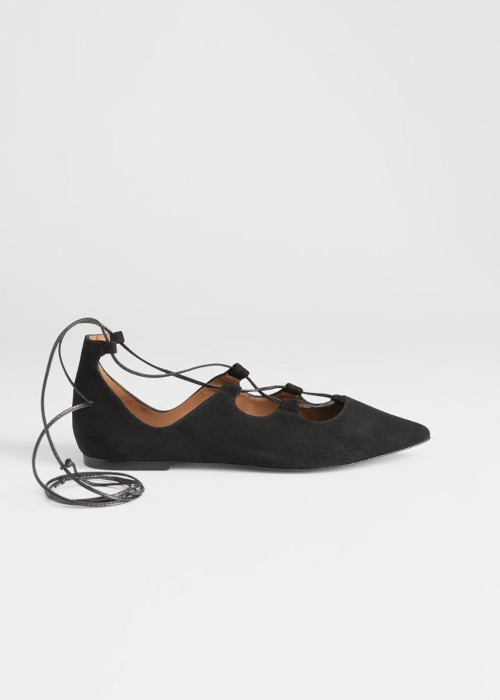 Other Stories Pointed Lace Up Suede Flats - Black