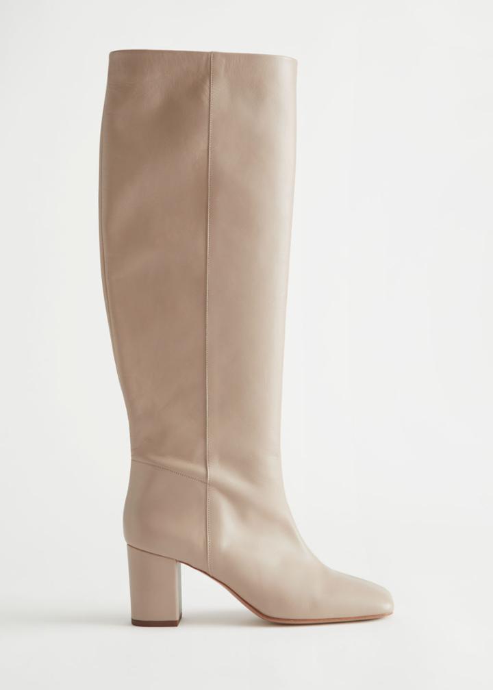 Other Stories Squared Knee High Leather Boots - Beige