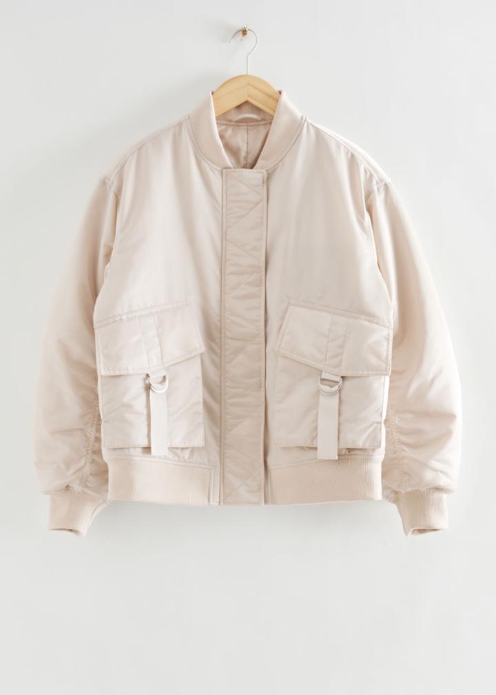 Other Stories Oversized Satin Bomber Jacket - Beige