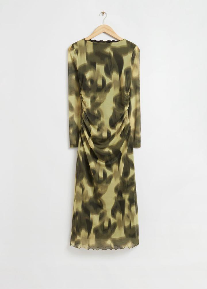 Other Stories Ruched Frilled Edge Mesh Dress - Yellow