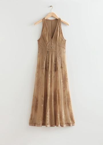 Other Stories Sheer Lace Midi Dress - Beige