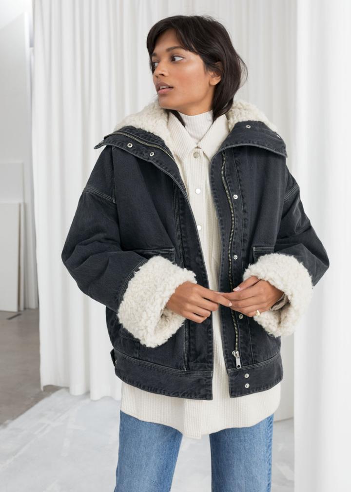 Other Stories Denim Faux Shearling Jacket - Grey
