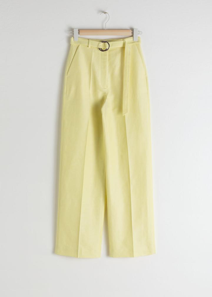 Other Stories Belted Cotton Linen Blend Trousers - Yellow