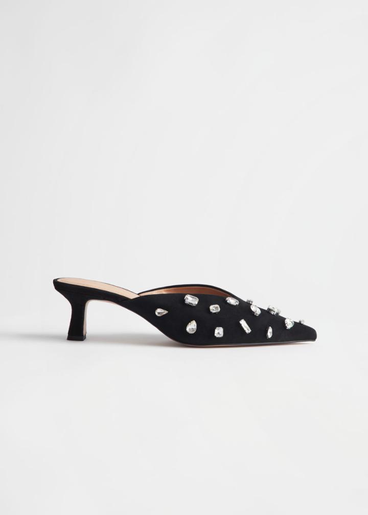 Other Stories Rhinestone Embellished Suede Mules - Black