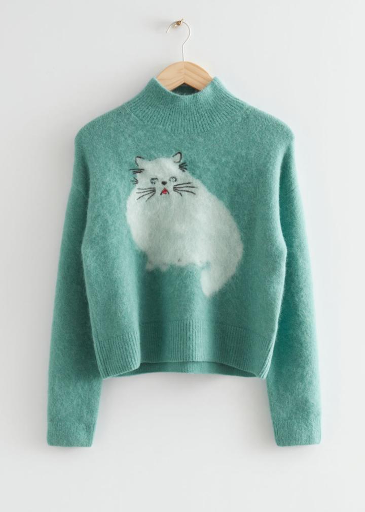 Other Stories Jacquard Cat Motif Jumper - Green