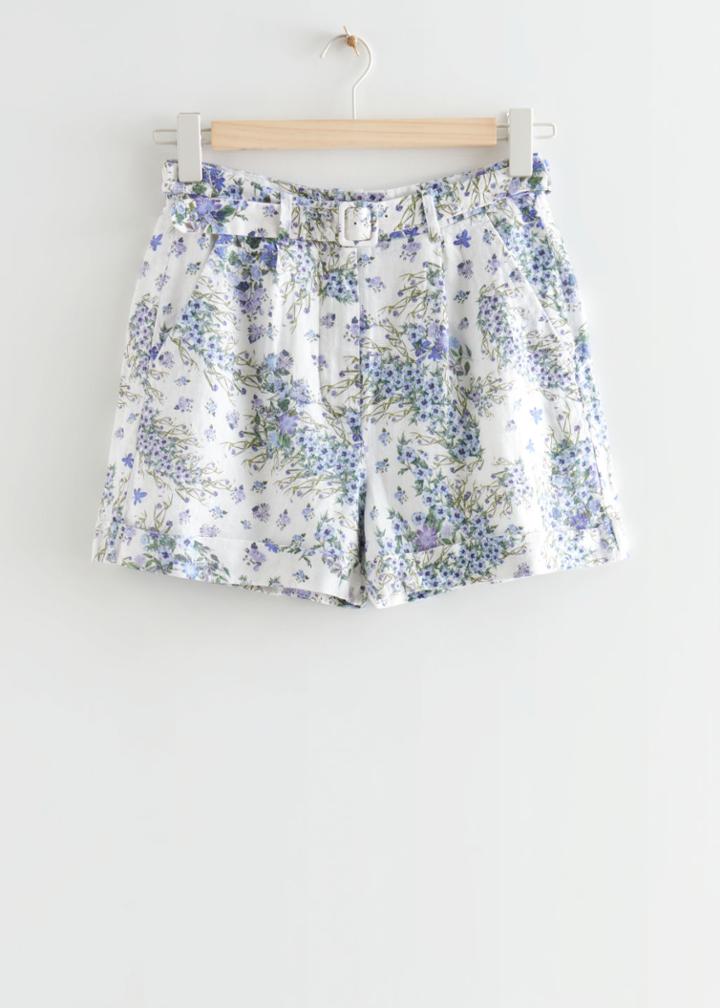 Other Stories Printed Belted Linen Shorts - Blue