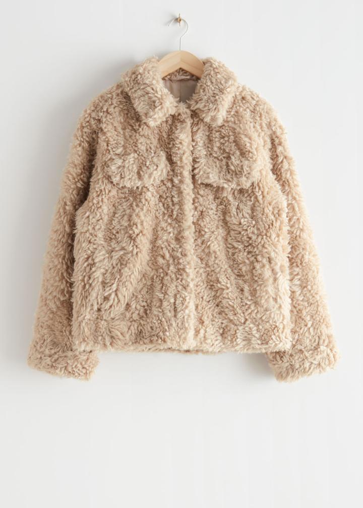 Other Stories Collared Faux Fur Jacket - Beige