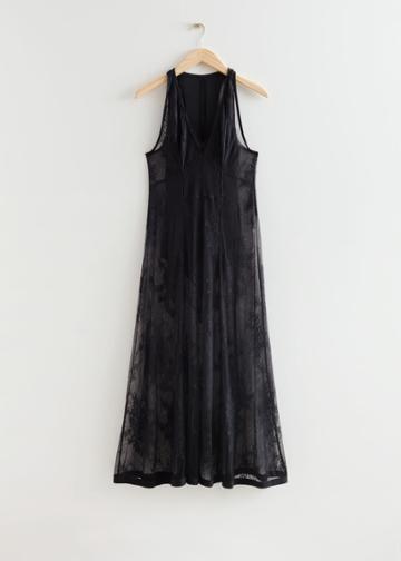 Other Stories Sheer Lace Midi Dress - Black