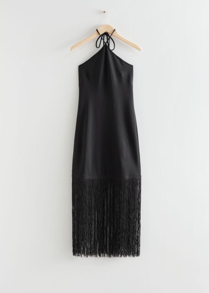 Other Stories Fringed Halterneck Midi Dress - Black