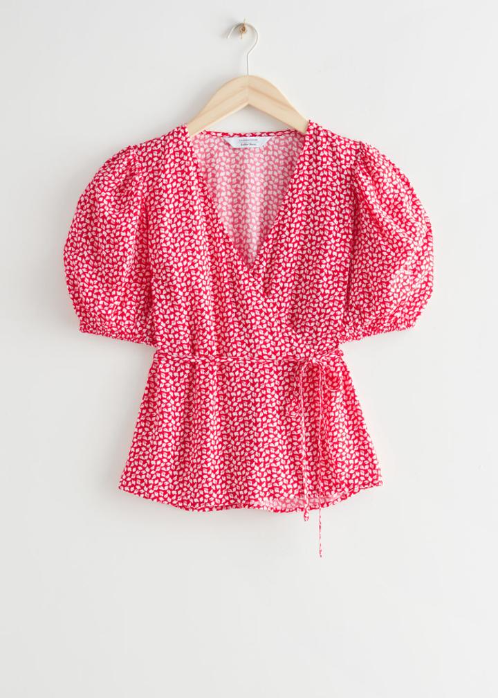 Other Stories Printed Puff Sleeve Wrap Top - Red